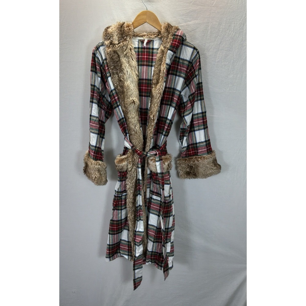 Pottery Barn Stewart Plaid Flannel Faux Fur Hooded Robe Christmas Holiday OS